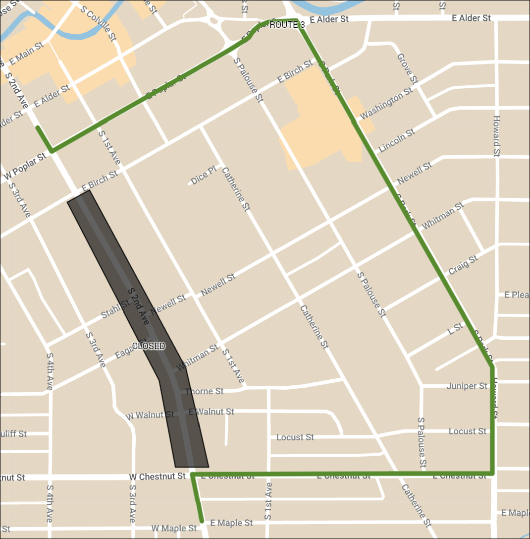 Map shows Route 3 deviating around road work on 2nd between Birch St and Chestnut St. On the outbound trip, the bus will deviate to Poplar Street, then Park Street, then Howard Street, and then Chestnut Street before returning to the route on 2nd Avenue. On the Inbound trip, the bus will deviate to Chestnut Street, then Howard Street, then Park Street, and then Poplar Street before returning to the route on 2nd Avenue.