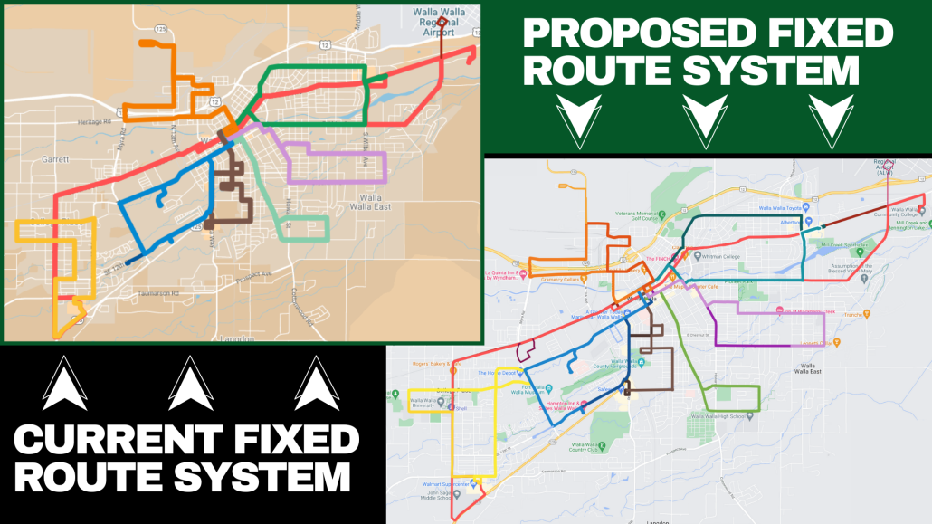 comparison of existing system map and future system map with changes to routes 2, 6, and 9.