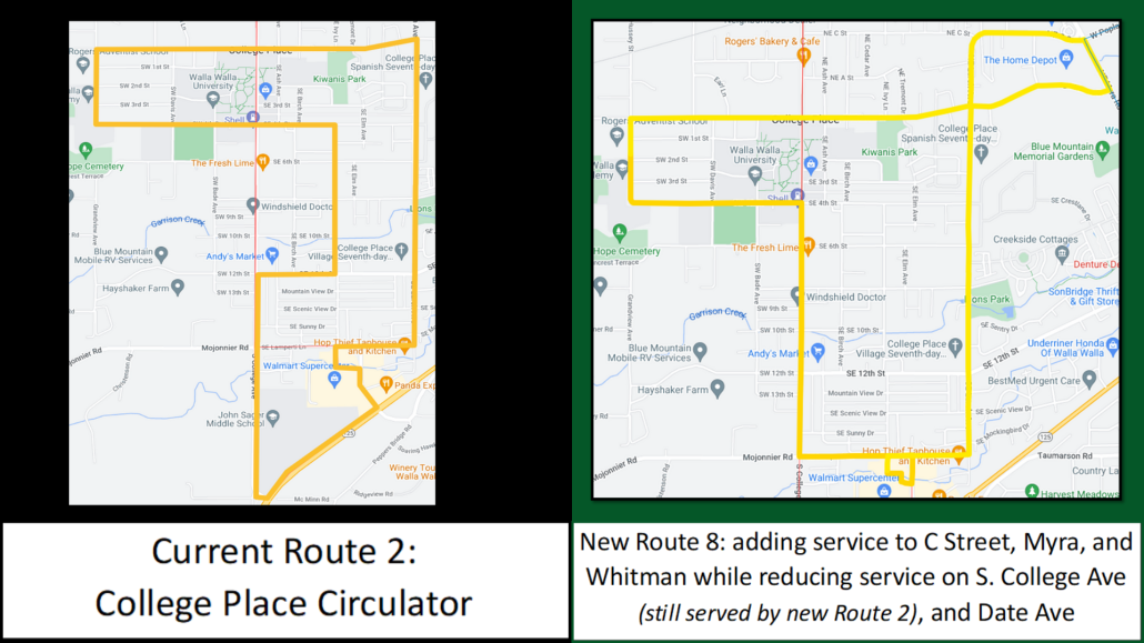 comparison of the former route 2 to the new route 8 that will change pattern to travel on larch street, c street, myra road, and whitman street moving forward