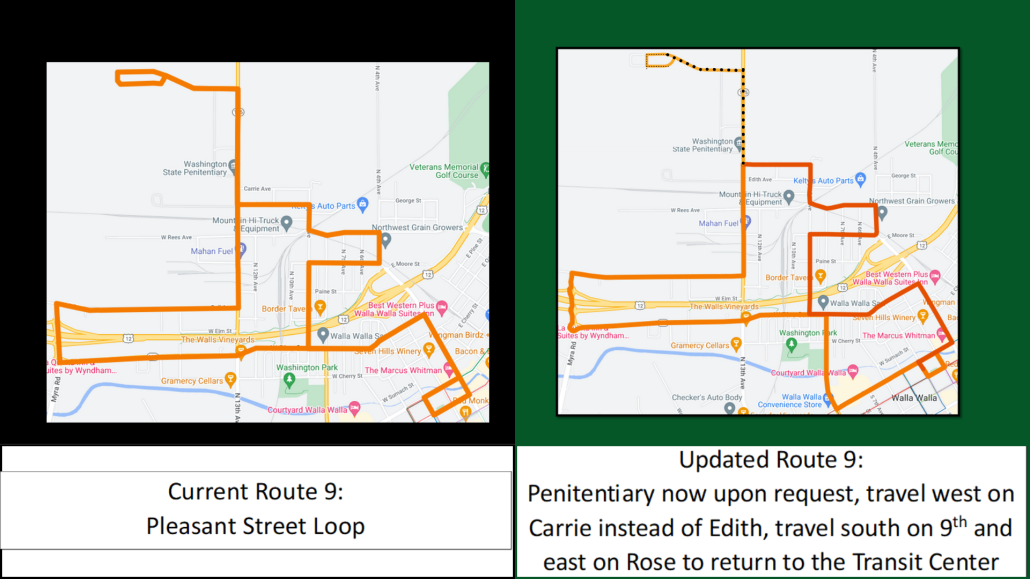 comparison image for route 9 showing the pen. being deviation only, traveling on carrie instead of edit, and traveling down 9th to rose to return to the tc