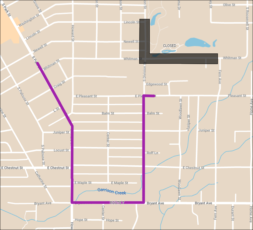 Map shows Route 7 deviating around road work at the intersection of Whitman & Division