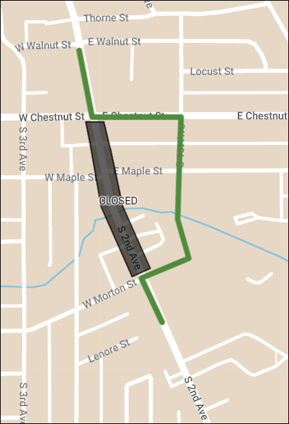 Map shows a road closure on 2nd Ave between Chestnut St and Morton St and Route 3 deviating around it on Chestnut, 1st Ave, and Morton.